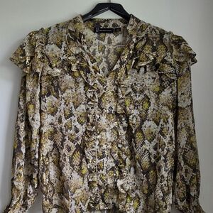 NY Collection Brown Snake-Print Ruffle Blouse with Yellow Accents